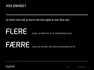 HOLDNING?

Jo mere man ved, jo mere ved man også at man ikke ved…

FLERE
FÆRRE

synes, at demens er et tabubelagt emne…

synes de kender alle demenssymptomerne…

© 2013

PRÆSENTATION

33

 