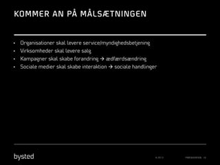 KOMMER AN PÅ MÅLSÆ TNINGEN

• 

Organisationer skal levere service/myndighedsbetjening

• 

Virksomheder skal levere salg

• 

Kampagner skal skabe forandring à ædfærdsændring

• 

Sociale medier skal skabe interaktion à sociale handlinger

© 2013

PRÆSENTATION 10

 