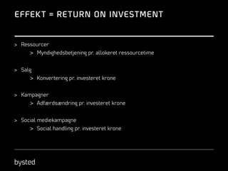 EFFEK T = RE TURN ON INVESTMENT

>  Ressourcer

>  Myndighedsbetjening pr. allokeret ressourcetime
>  Salg

>  Konvertering pr. investeret krone
>  Kampagner

>  Adfærdsændring pr. investeret krone
>  Social mediekampagne

>  Social handling pr. investeret krone

 