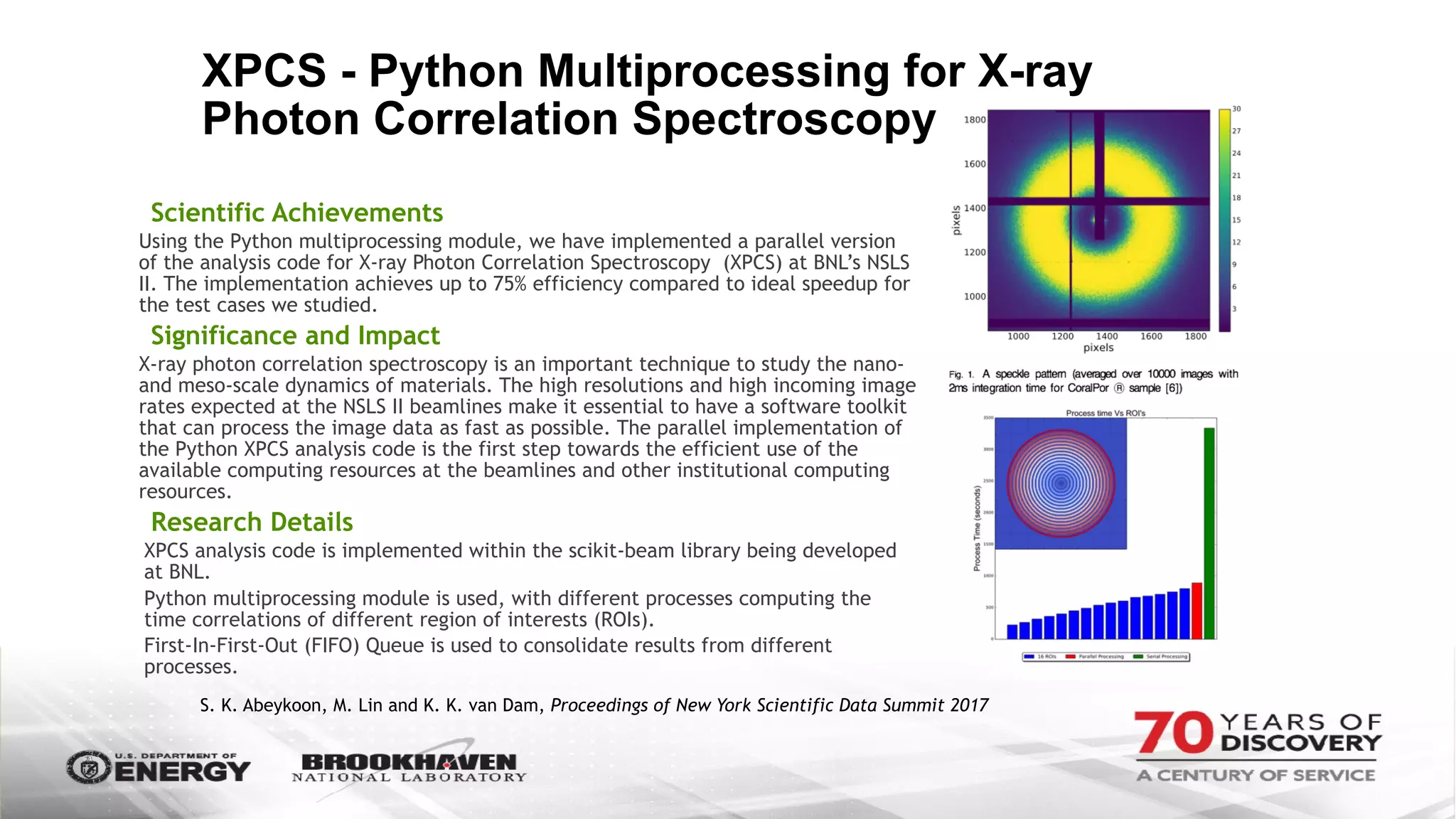 XPCS - Python Multiprocessing for X-ray
Photon Correlation Spectroscopy  
Scientific Achievements
Using the Python multiprocessing module, we have implemented a parallel version
of the analysis code for X-ray Photon Correlation Spectroscopy (XPCS) at BNL’s NSLS
II. The implementation achieves up to 75% efficiency compared to ideal speedup for
the test cases we studied.
Significance and Impact
X-ray photon correlation spectroscopy is an important technique to study the nano-
and meso-scale dynamics of materials. The high resolutions and high incoming image
rates expected at the NSLS II beamlines make it essential to have a software toolkit
that can process the image data as fast as possible. The parallel implementation of
the Python XPCS analysis code is the first step towards the efficient use of the
available computing resources at the beamlines and other institutional computing
resources.
Research Details
XPCS analysis code is implemented within the scikit-beam library being developed
at BNL.
Python multiprocessing module is used, with different processes computing the
time correlations of different region of interests (ROIs).
First-In-First-Out (FIFO) Queue is used to consolidate results from different
processes.
S. K. Abeykoon, M. Lin and K. K. van Dam, Proceedings of New York Scientific Data Summit 2017
 