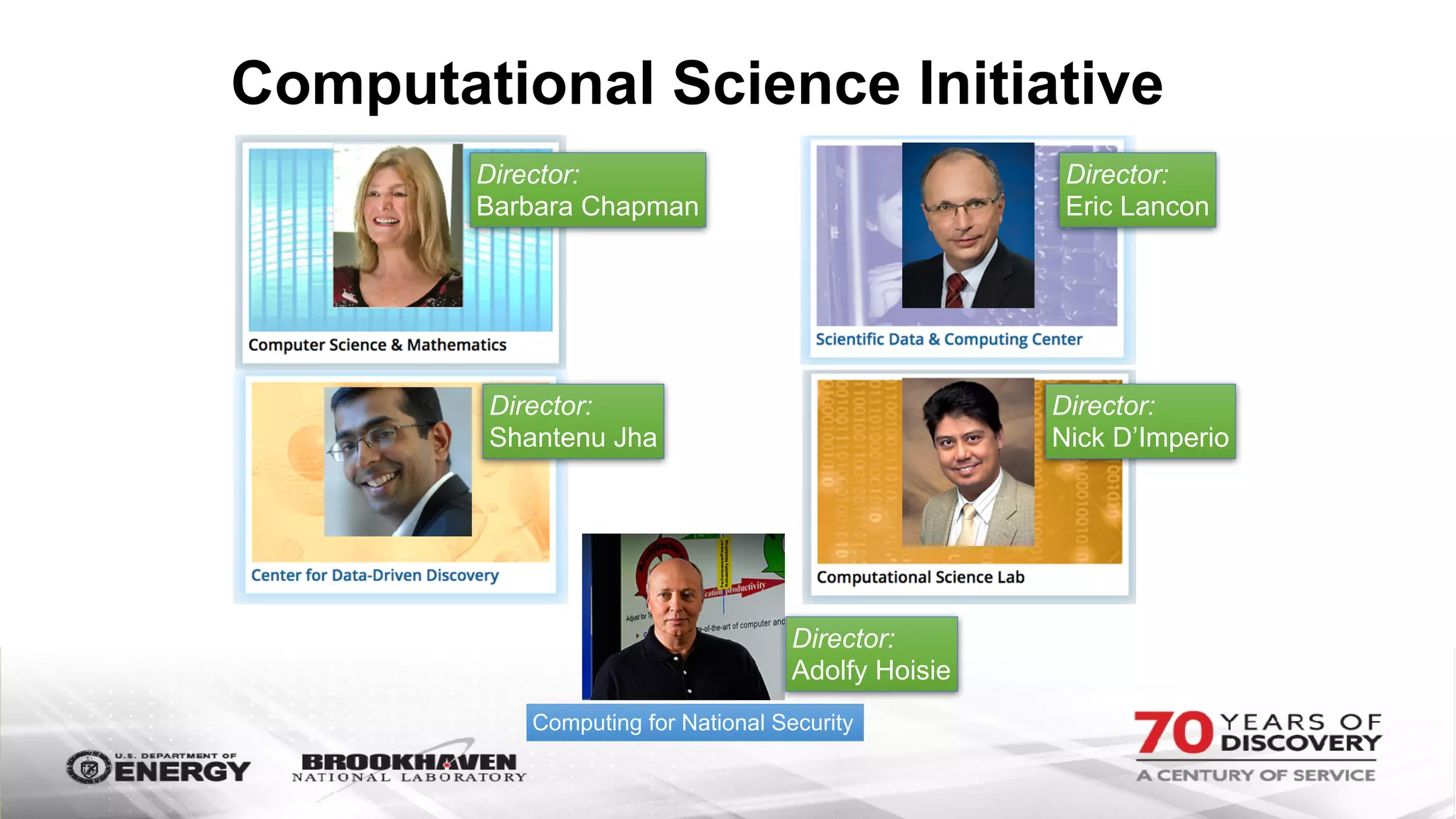 Computational Science Initiative
Computing for National Security
Director:
Barbara Chapman
Director:
Eric Lancon
Director:
Shantenu Jha
Director:
Nick D’Imperio
Director:
Adolfy Hoisie
 