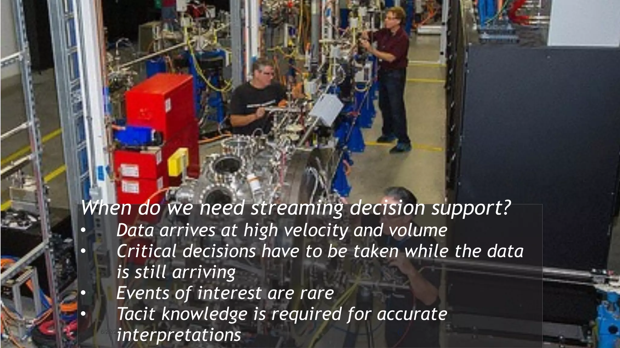 6/22/2015 6
When do we need streaming decision support?
• Data arrives at high velocity and volume
• Critical decisions have to be taken while the data
is still arriving
• Events of interest are rare
• Tacit knowledge is required for accurate
interpretations
 