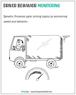 www.finapworldwide.com
-
DRIVER BEHAVIOR MONITORING
Benefit: Promote safer driving habits by monitoring
speed and behavior.
 