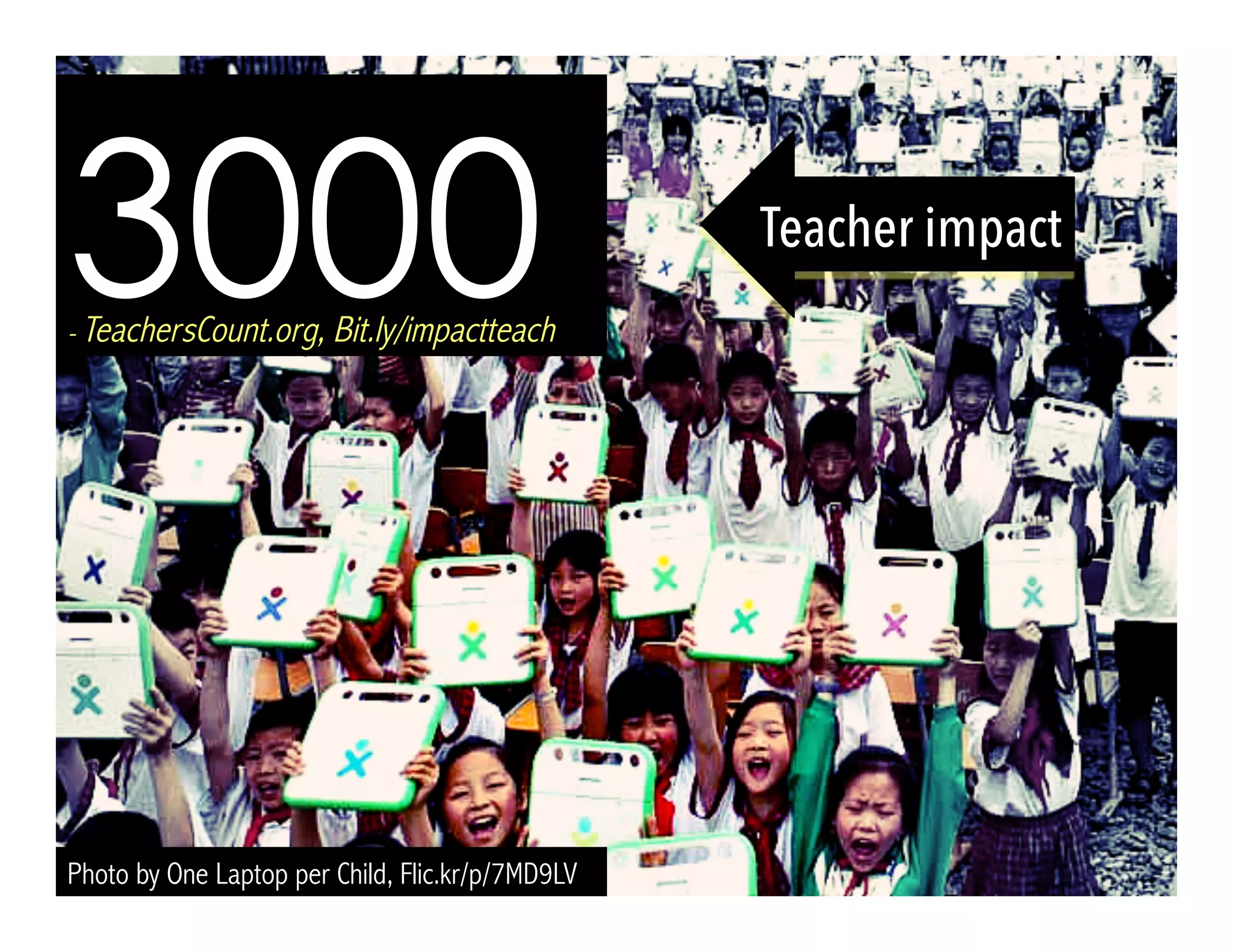Photo by One Laptop per Child, Flic.kr/p/7MD9LV
3000- TeachersCount.org, Bit.ly/impactteach
Teacher impact
 