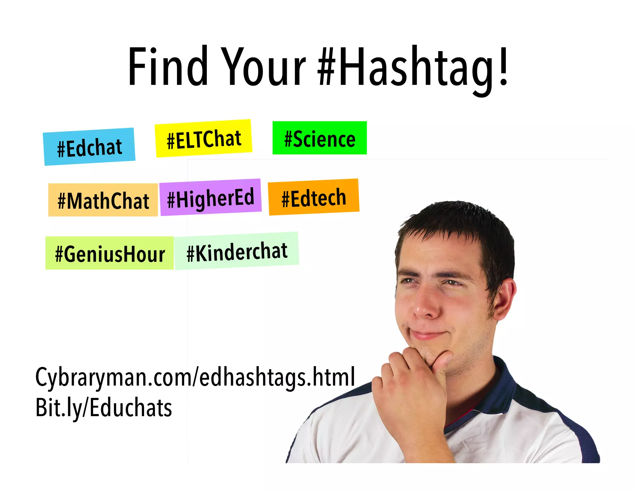 Cybraryman.com/edhashtags.html
Bit.ly/Educhats
Find Your #Hashtag!
#ELTChat #Science
#Kinderchat#GeniusHour
#Edchat
#MathChat #Edtech#HigherEd
 