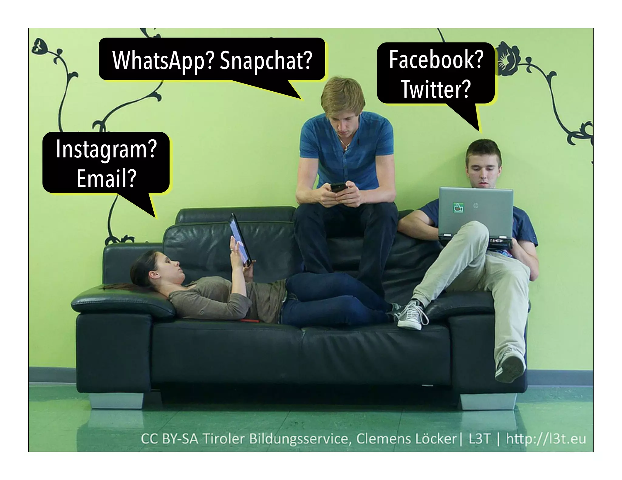 Facebook?
Twitter?
WhatsApp? Snapchat?
Instagram?
Email?
 