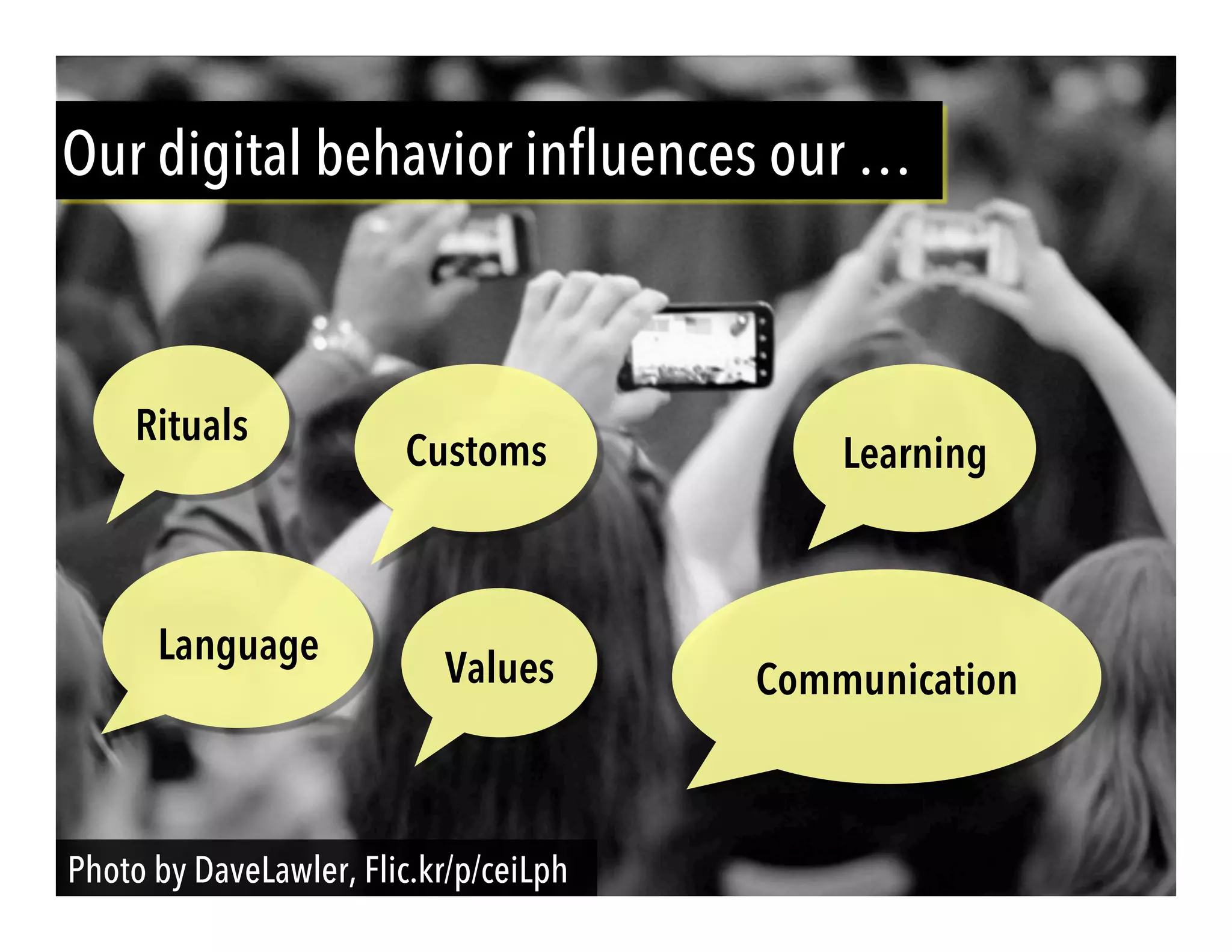 Photo by DaveLawler, Flic.kr/p/ceiLph
Our digital behavior influences our …
Rituals
Values
Language
LearningCustoms
Communication
 