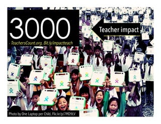 Photo by One Laptop per Child, Flic.kr/p/7MD9LV
3000- TeachersCount.org, Bit.ly/impactteach
Teacher impact
 