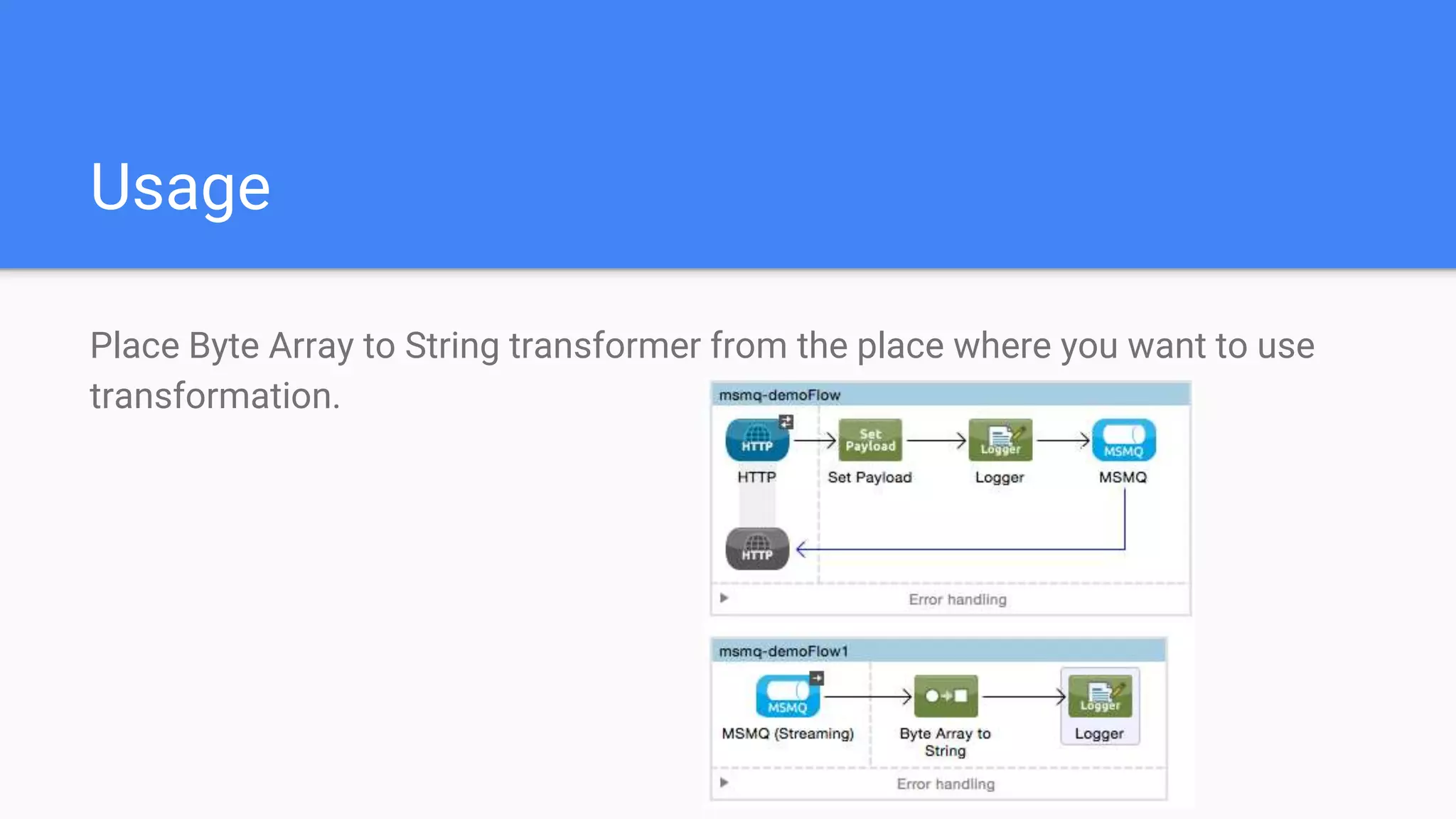 Usage
Place Byte Array to String transformer from the place where you want to use
transformation.