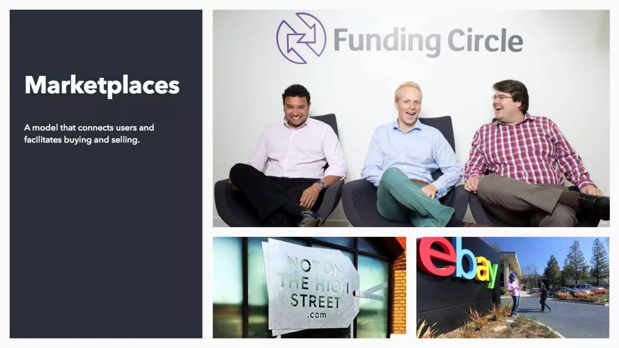 Marketplaces are another clear disruptor because they don’t actually
own the products they’re selling to customers. They’re only facilitating
the purchase between users and taking a percentage. We’ve been
advising a major camera manufacturer lately on building out a model
whereby users of their cameras can opt-in to upload certain shots to
a stock photography marketplace and share in a return of those
revenues. We’re just designing the service at the moment and doing
some tech exploration on how we might engineer this.
 