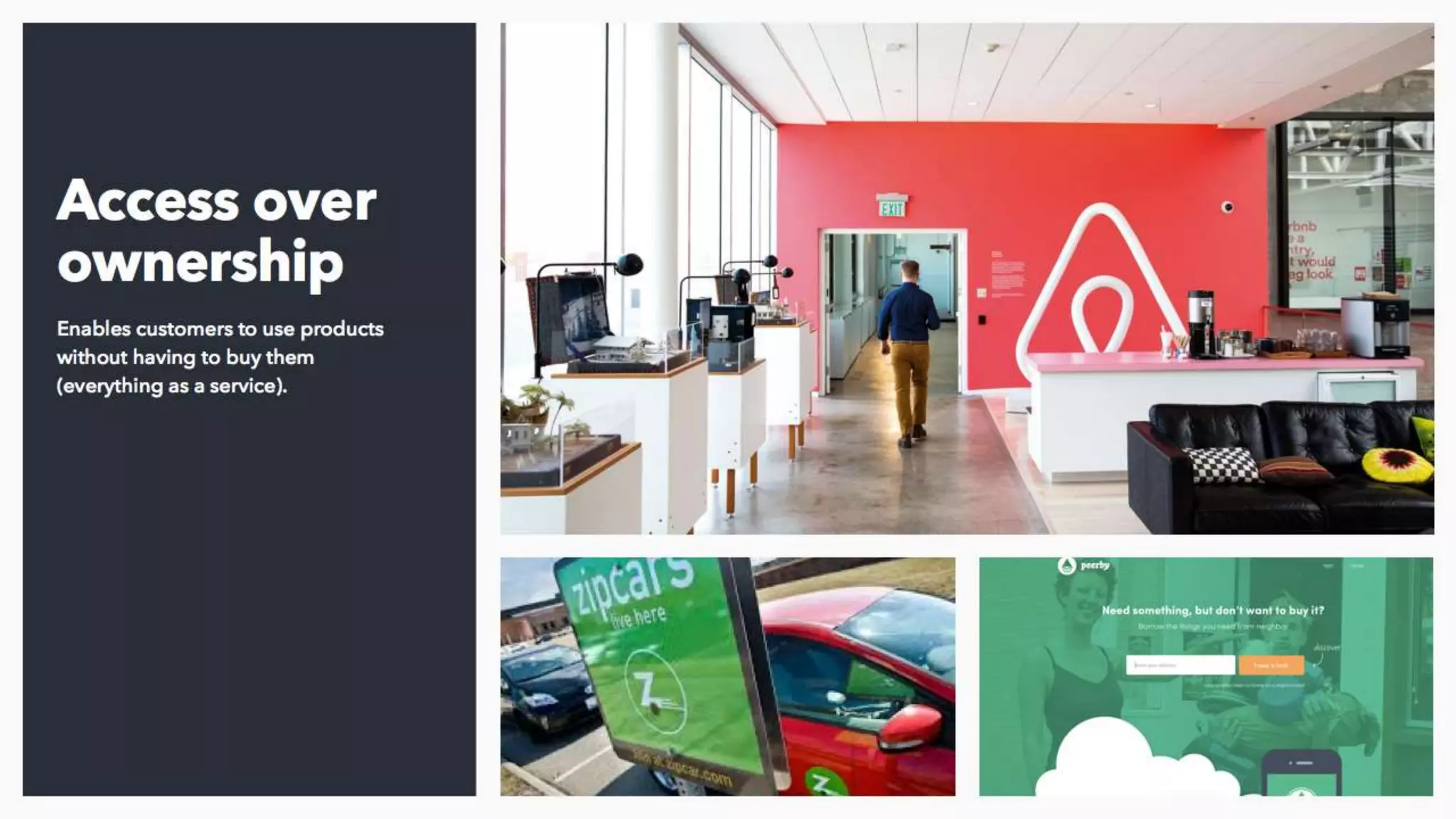 Finally, access over ownership of a product or service
has been pioneered by the likes of AirBNB, but it has
some serious implications on the retail world as well
as hospitality. It’s part of the sharing economy and it’s
likely one of the most disruptive forces around. What if
people don’t need to buy what’s in your store or on
your site, but they just need access to it? We’re
working with a car manufacturer now to engineer a
new service where people can have access to a range
of their vehicles dependent on need, such as a sports
car at the weekends and a SUV for Monday to Friday.
Think of it as AirBNB for cars, and there are other
opportunities too. What if I just need access to a
laptop for the school term from PC World (or similar),
rather than permanent ownership?
 