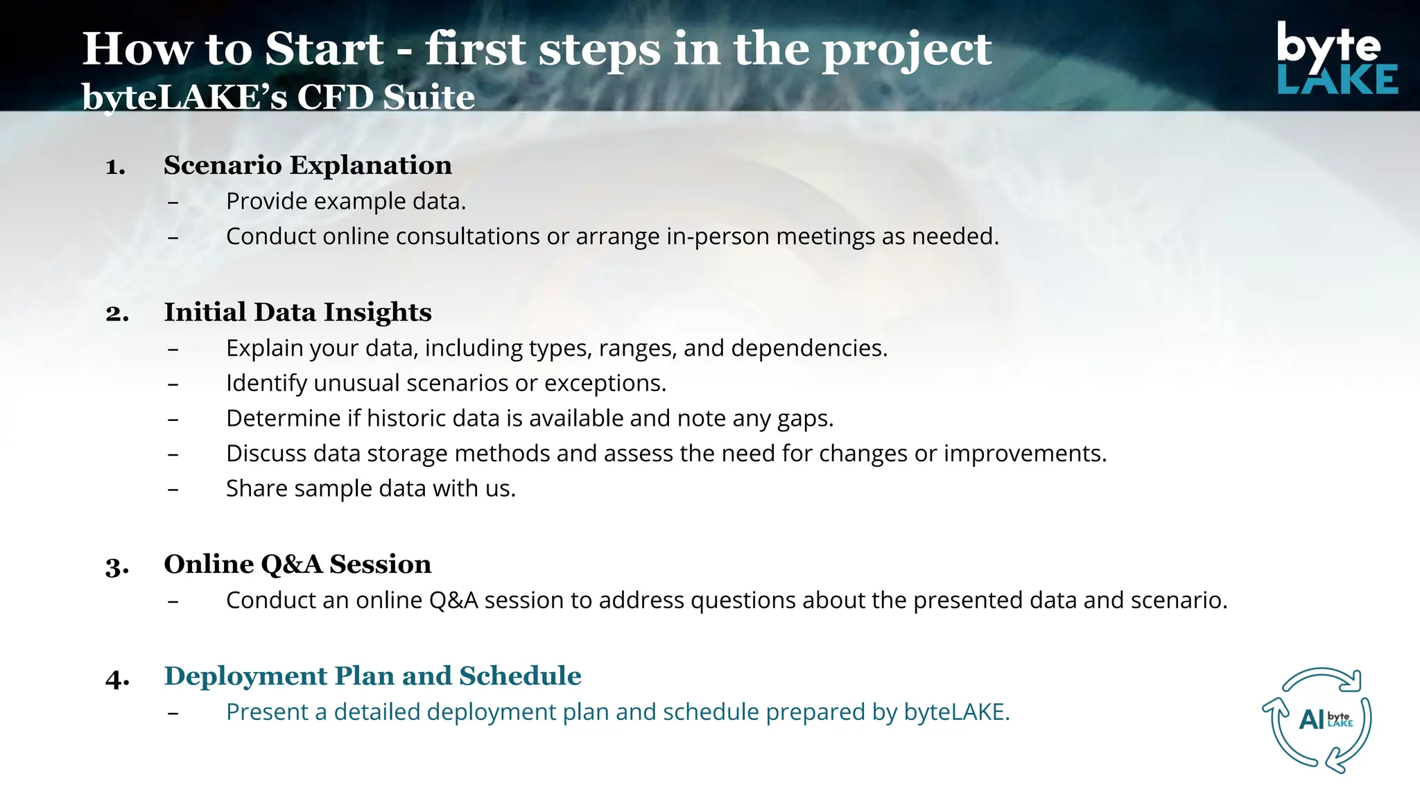 1. Scenario Explanation
– Provide example data.
– Conduct online consultations or arrange in-person meetings as needed.
2. Initial Data Insights
– Explain your data, including types, ranges, and dependencies.
– Identify unusual scenarios or exceptions.
– Determine if historic data is available and note any gaps.
– Discuss data storage methods and assess the need for changes or improvements.
– Share sample data with us.
3. Online Q&A Session
– Conduct an online Q&A session to address questions about the presented data and scenario.
4. Deployment Plan and Schedule
– Present a detailed deployment plan and schedule prepared by byteLAKE.
How to Start - first steps in the project
byteLAKE’s CFD Suite
 