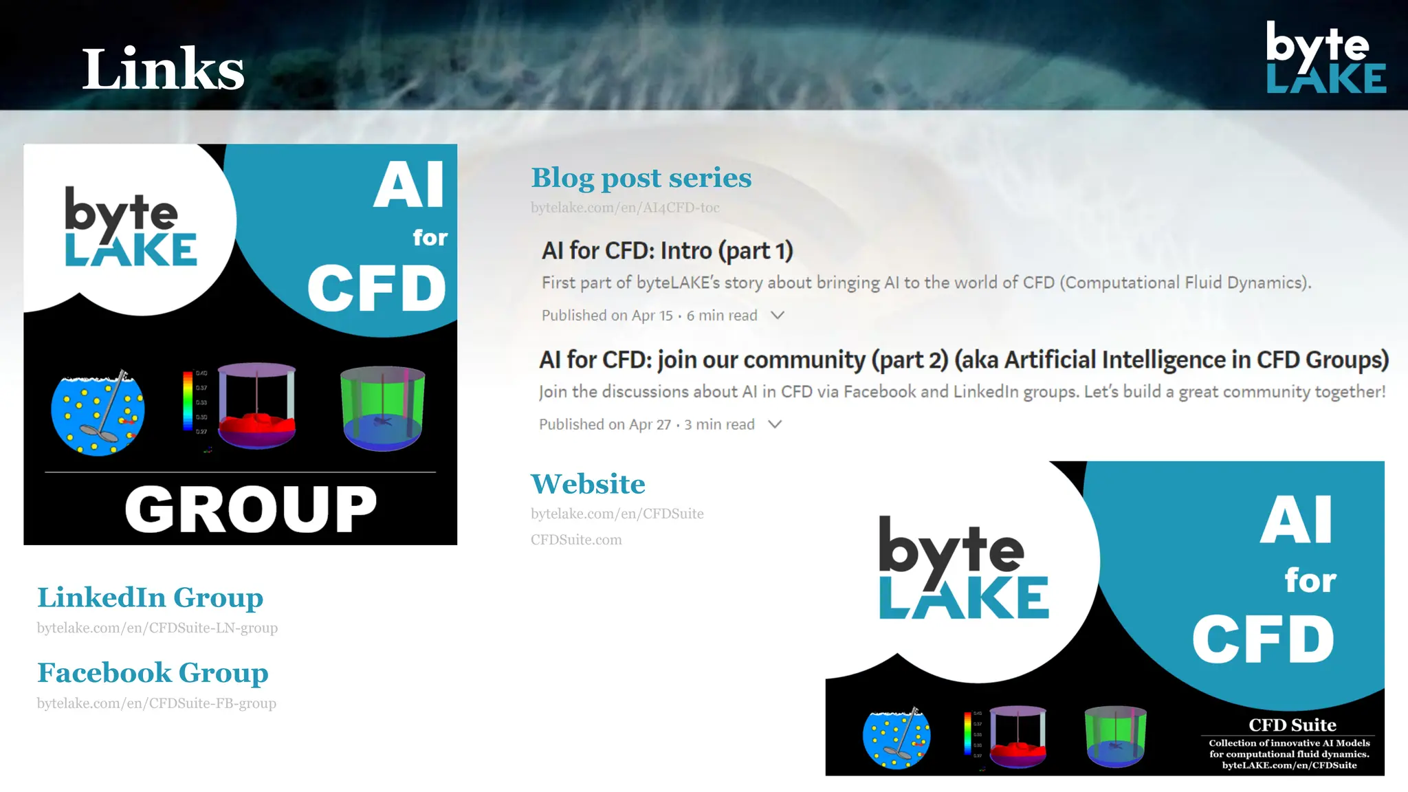 Links
79
LinkedIn Group
Facebook Group
Blog post series
Website
bytelake.com/en/CFDSuite-FB-group
bytelake.com/en/CFDSuite-LN-group
bytelake.com/en/AI4CFD-toc
bytelake.com/en/CFDSuite
CFDSuite.com
 