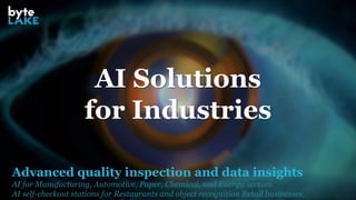 Advanced quality inspection and data insights
AI for Manufacturing, Automotive, Paper, Chemical, and Energy sectors.
AI self-checkout stations for Restaurants and object recognition Retail businesses.
AI Solutions
for Industries
 