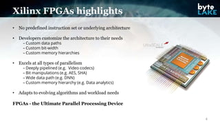 Xilinx FPGAs highlights
4
• No predefined instruction set or underlying architecture
• Developers customize the architectu...