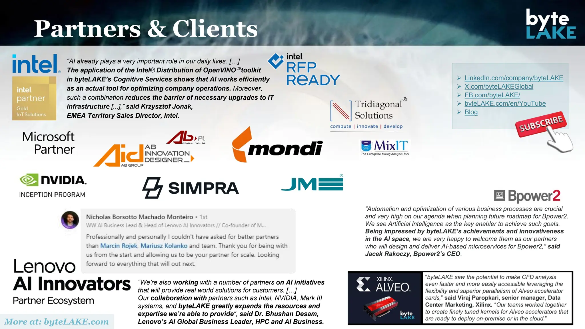 ➢ LinkedIn.com/company/byteLAKE
➢ X.com/byteLAKEGlobal
➢ FB.com/byteLAKE/
➢ byteLAKE.com/en/YouTube
➢ Blog
Partners & Clients
“AI already plays a very important role in our daily lives. […]
The application of the Intel® Distribution of OpenVINO toolkit
in byteLAKE’s Cognitive Services shows that AI works efficiently
as an actual tool for optimizing company operations. Moreover,
such a combination reduces the barrier of necessary upgrades to IT
infrastructure [...],” said Krzysztof Jonak,
EMEA Territory Sales Director, Intel.
“We’re also working with a number of partners on AI initiatives
that will provide real world solutions for customers. […]
Our collaboration with partners such as Intel, NVIDIA, Mark III
systems, and byteLAKE greatly expands the resources and
expertise we’re able to provide“, said Dr. Bhushan Desam,
Lenovo’s AI Global Business Leader, HPC and AI Business.
 