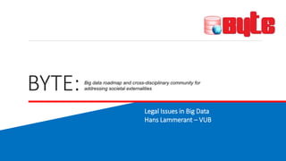 BYTE: 
Big data roadmap and cross-disciplinary community for 
addressing societal externalities 
Legal Issues in Big Data 
Hans Lammerant – VUB 
@BYTE_EU www.byte-project.eu 
 