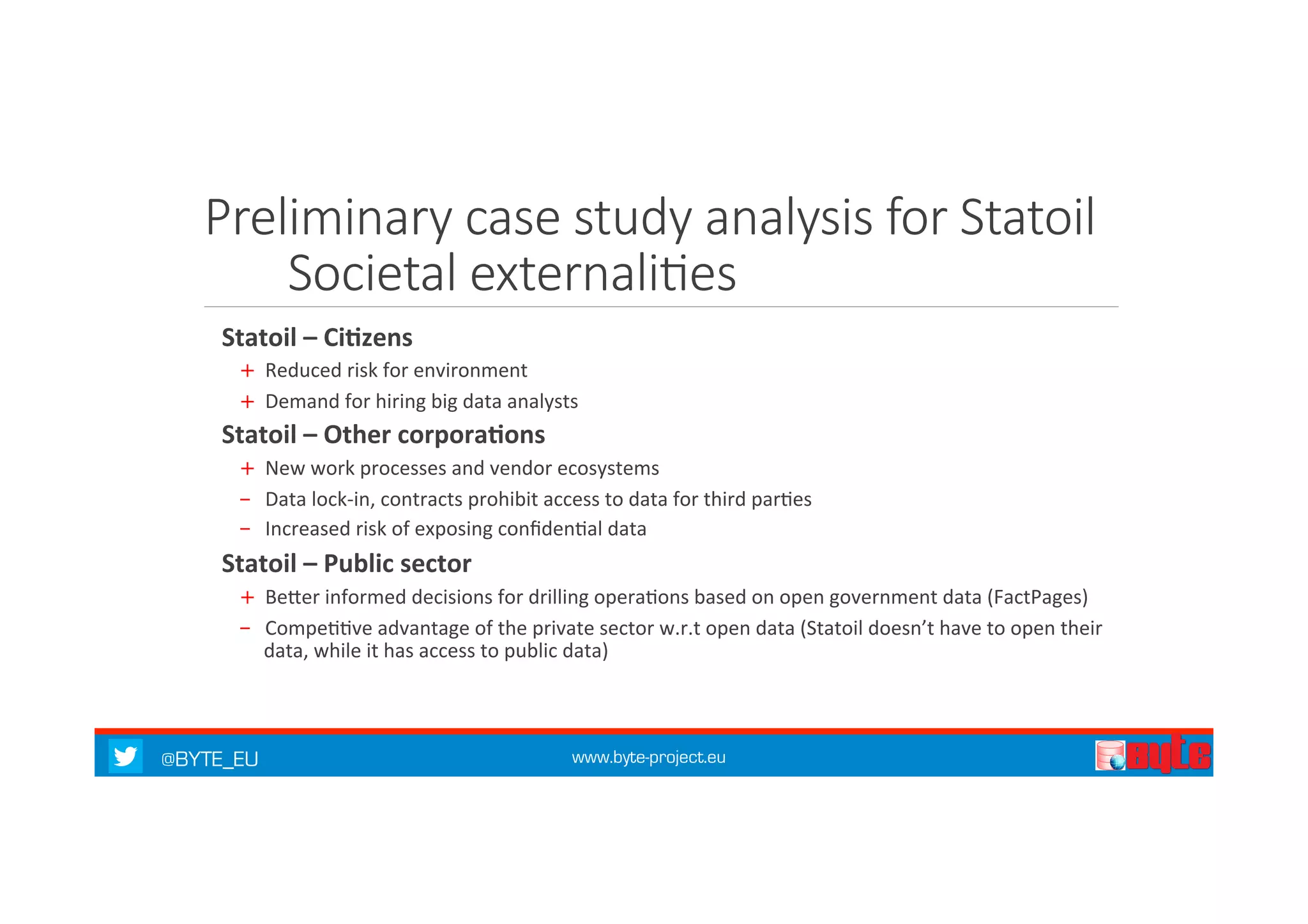 Preliminary case study analysis for Statoil 
Societal externaliKes 
Statoil 
– 
Ci%zens 
+ Reduced 
risk 
for 
environment 
+ Demand 
for 
hiring 
big 
data 
analysts 
Statoil 
– 
Other 
corpora%ons 
+ New 
work 
processes 
and 
vendor 
ecosystems 
- Data 
lock-­‐in, 
contracts 
prohibit 
access 
to 
data 
for 
third 
par7es 
- Increased 
risk 
of 
exposing 
confiden7al 
data 
Statoil 
– 
Public 
sector 
+ BeQer 
informed 
decisions 
for 
drilling 
opera7ons 
based 
on 
open 
government 
data 
(FactPages) 
- Compe77ve 
advantage 
of 
the 
private 
sector 
w.r.t 
open 
data 
(Statoil 
doesn’t 
have 
to 
open 
their 
data, 
while 
it 
has 
access 
to 
public 
data) 
@BYTE_EU www.byte-project.eu 
 