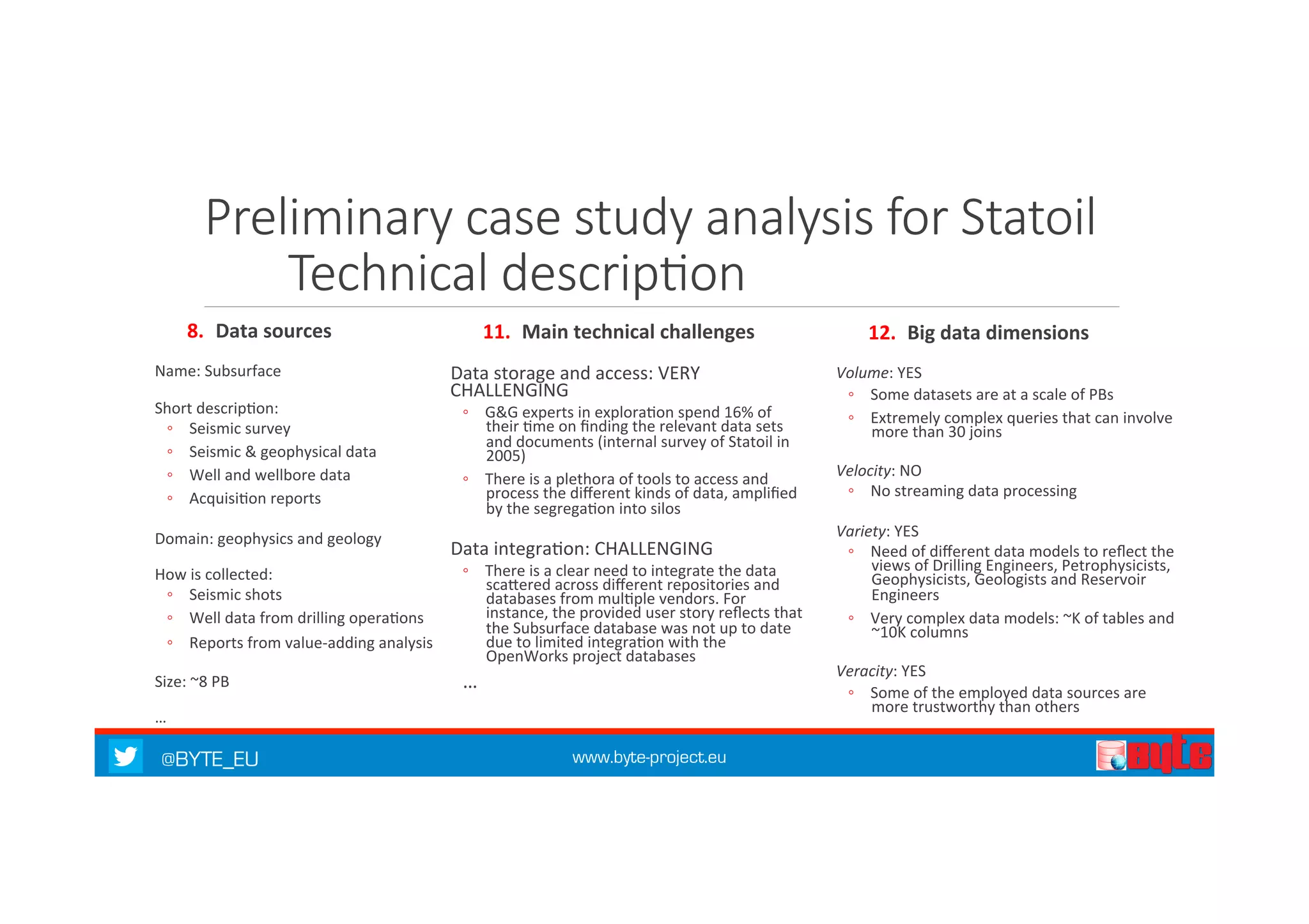 Preliminary case study analysis for Statoil 
Technical descripKon 
8. Data 
sources 
Name: 
Subsurface 
Short 
descrip7on: 
◦ Seismic 
survey 
◦ Seismic 
& 
geophysical 
data 
◦ Well 
and 
wellbore 
data 
◦ Acquisi7on 
reports 
Domain: 
geophysics 
and 
geology 
How 
is 
collected: 
◦ Seismic 
shots 
◦ Well 
data 
from 
drilling 
opera7ons 
◦ Reports 
from 
value-­‐adding 
analysis 
Size: 
~8 
PB 
… 
11. Main 
technical 
challenges 
Data 
storage 
and 
access: 
VERY 
CHALLENGING 
◦ G&G 
experts 
in 
explora7on 
spend 
16% 
of 
their 
7me 
on 
finding 
the 
relevant 
data 
sets 
and 
documents 
(internal 
survey 
of 
Statoil 
in 
2005) 
◦ There 
is 
a 
plethora 
of 
tools 
to 
access 
and 
process 
the 
different 
kinds 
of 
data, 
amplified 
by 
the 
segrega7on 
into 
silos 
Data 
integra7on: 
CHALLENGING 
◦ There 
is 
a 
clear 
need 
to 
integrate 
the 
data 
scaQered 
across 
different 
repositories 
and 
databases 
from 
mul7ple 
vendors. 
For 
instance, 
the 
provided 
user 
story 
reflects 
that 
the 
Subsurface 
database 
was 
not 
up 
to 
date 
due 
to 
limited 
integra7on 
with 
the 
OpenWorks 
project 
databases 
… 
@BYTE_EU www.byte-project.eu 
12. Big 
data 
dimensions 
Volume: 
YES 
◦ Some 
datasets 
are 
at 
a 
scale 
of 
PBs 
◦ Extremely 
complex 
queries 
that 
can 
involve 
more 
than 
30 
joins 
Velocity: 
NO 
◦ No 
streaming 
data 
processing 
Variety: 
YES 
◦ Need 
of 
different 
data 
models 
to 
reflect 
the 
views 
of 
Drilling 
Engineers, 
Petrophysicists, 
Geophysicists, 
Geologists 
and 
Reservoir 
Engineers 
◦ Very 
complex 
data 
models: 
~K 
of 
tables 
and 
~10K 
columns 
Veracity: 
YES 
◦ Some 
of 
the 
employed 
data 
sources 
are 
more 
trustworthy 
than 
others 
 