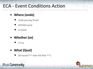 ECA - Event Conditions Action
• Where (onde)
• CLASS java.lang.Thread
• METHOD start()
• AT ENTRY
• Whether (se)
• IF true
• What (Qual)
• DO traceln("*** Hello TDC POA ***")
 