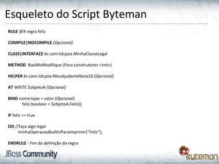Esqueleto do Script Byteman
RULE @X regra feliz
COMPILE|NOCOMPILE (Opcional)
CLASS|INTERFACE br.com.tdcpoa.MinhaClasseLegal
METHOD NaoMeModifique (Para construtores <init>)
HELPER br.com.tdcpoa.MeuAjudanteNota10 (Opcional)
AT WRITE $objetoA (Opcional)
BIND nome:type = valor (Opcional)
feliz:boolean = $objetoA.Feliz();
IF feliz == true
DO //faça algo legal
minhaOperacaoBuiltInParaImprimir(“Feliz“);
ENDRULE - Fim da definição da regra
 