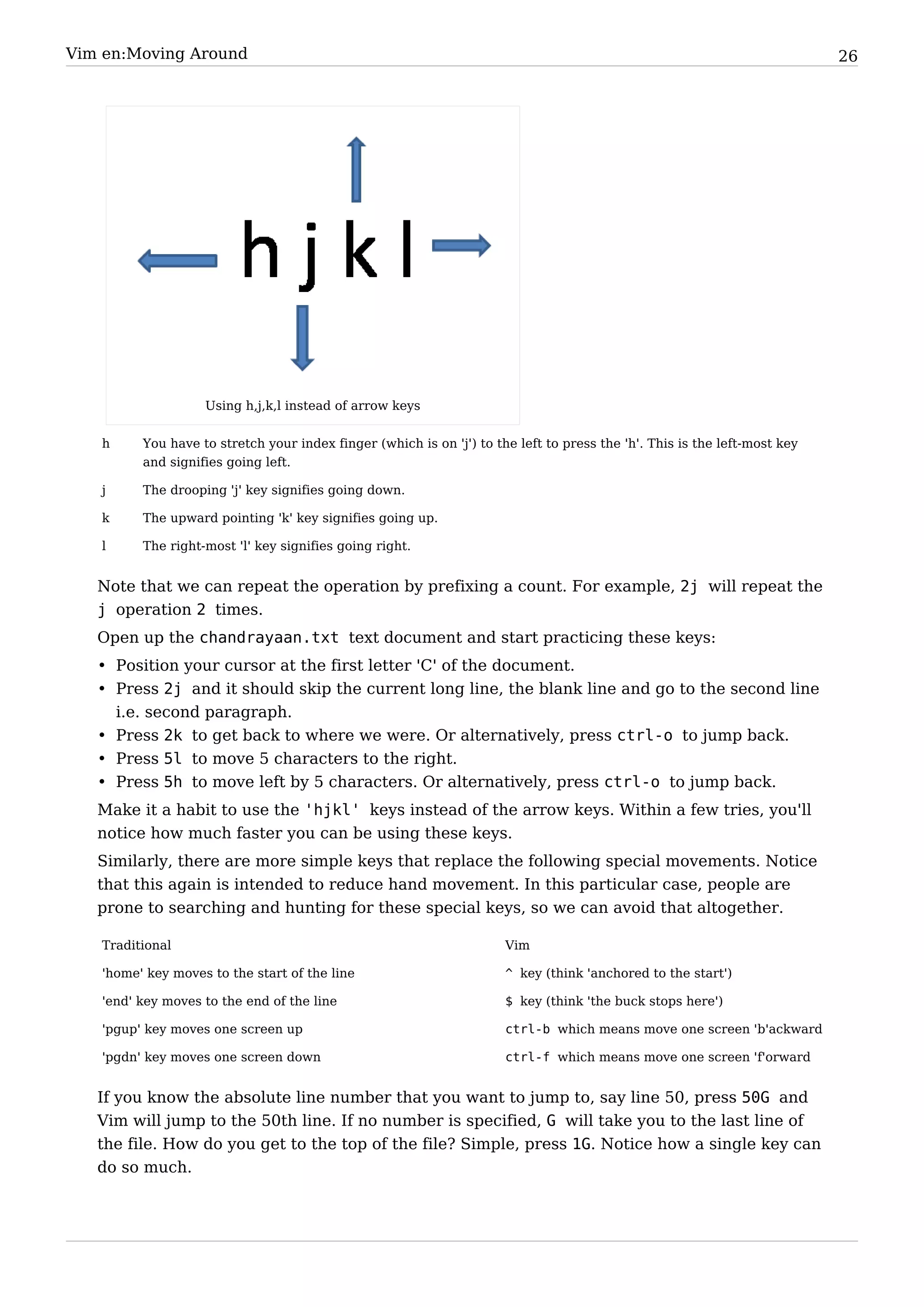 Vim en:Moving Around                                                                                                       26




                   Using h,j,k,l instead of arrow keys


   h     You have to stretch your index finger (which is on 'j') to the left to press the 'h'. This is the left-most key
         and signifies going left.

   j     The drooping 'j' key signifies going down.

   k     The upward pointing 'k' key signifies going up.

   l     The right-most 'l' key signifies going right.


   Note that we can repeat the operation by prefixing a count. For example, 2j will repeat the
   j operation 2 times.
   Open up the chandrayaan.txt text document and start practicing these keys:
   • Position your cursor at the first letter 'C' of the document.
   • Press 2j and it should skip the current long line, the blank line and go to the second line
     i.e. second paragraph.
   • Press 2k to get back to where we were. Or alternatively, press ctrl-o to jump back.
   • Press 5l to move 5 characters to the right.
   • Press 5h to move left by 5 characters. Or alternatively, press ctrl-o to jump back.
   Make it a habit to use the 'hjkl' keys instead of the arrow keys. Within a few tries, you'll
   notice how much faster you can be using these keys.
   Similarly, there are more simple keys that replace the following special movements. Notice
   that this again is intended to reduce hand movement. In this particular case, people are
   prone to searching and hunting for these special keys, so we can avoid that altogether.

   Traditional                                                        Vim

   'home' key moves to the start of the line                          ^ key (think 'anchored to the start')

   'end' key moves to the end of the line                             $ key (think 'the buck stops here')

   'pgup' key moves one screen up                                     ctrl-b which means move one screen 'b'ackward

   'pgdn' key moves one screen down                                   ctrl-f which means move one screen 'f'orward


   If you know the absolute line number that you want to jump to, say line 50, press 50G and
   Vim will jump to the 50th line. If no number is specified, G will take you to the last line of
   the file. How do you get to the top of the file? Simple, press 1G. Notice how a single key can
   do so much.
 