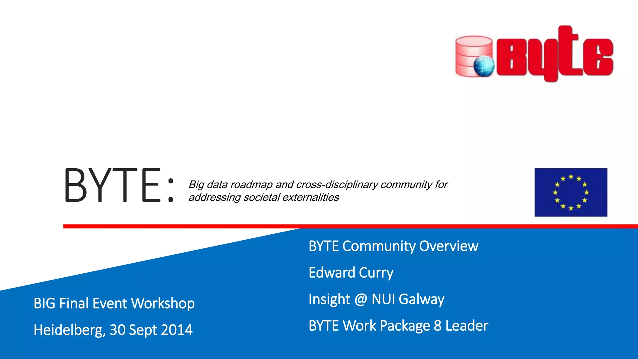 BYTE: 
Big data roadmap and cross-disciplinary community for 
addressing societal externalities 
BYTE Community Overview 
Edward Curry 
Insight @ NUI Galway 
BYTE Work Package 8 Leader 
BIG Final Event Workshop 
Heidelberg, 30 Sept 2014 
 