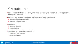 Key outcomes 
•Define research efforts and policy measures necessary for responsible participation in 
the big data economy 
•Vision for Big Data for Europe for 2020, incorporating externalities 
• Amplify positive externalities 
• Diminish negative ones 
•Roadmap 
• Research Roadmap 
• Policy Roadmap 
•Formation of a Big Data community 
• Implement the roadmap 
• Sustainability plan 
@BYTE_EU www.byte-project.eu 
 
