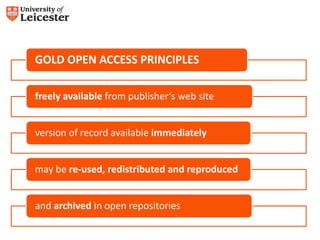 GOLD OPEN ACCESS PRINCIPLES
freely available from publisher’s web site
version of record available immediately
may be re-used, redistributed and reproduced
and archived in open repositories
 