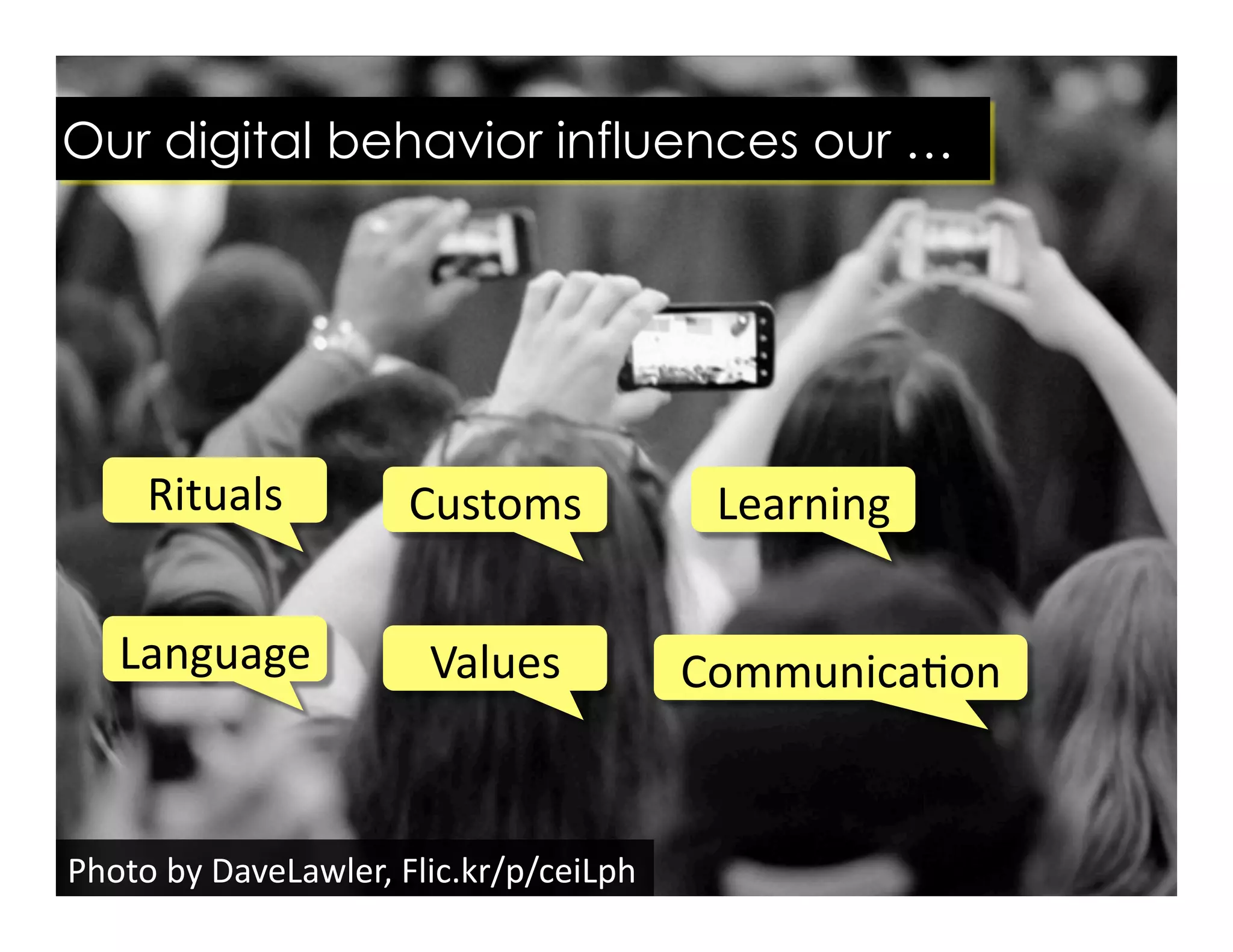 Photo	
  by	
  DaveLawler,	
  Flic.kr/p/ceiLph	
  
Our digital behavior influences our …
Language	
  
Rituals	
  
Values	
  
Customs	
  
Communica@on	
  
Learning	
  
 