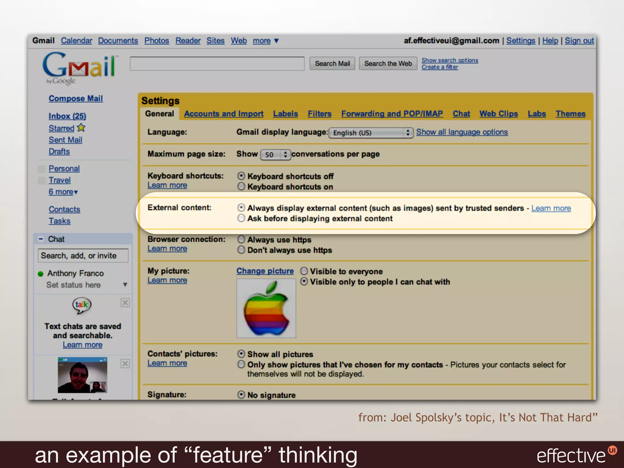 from: Joel Spolsky’s topic, It’s Not That Hard”


an example of “feature” thinking
 