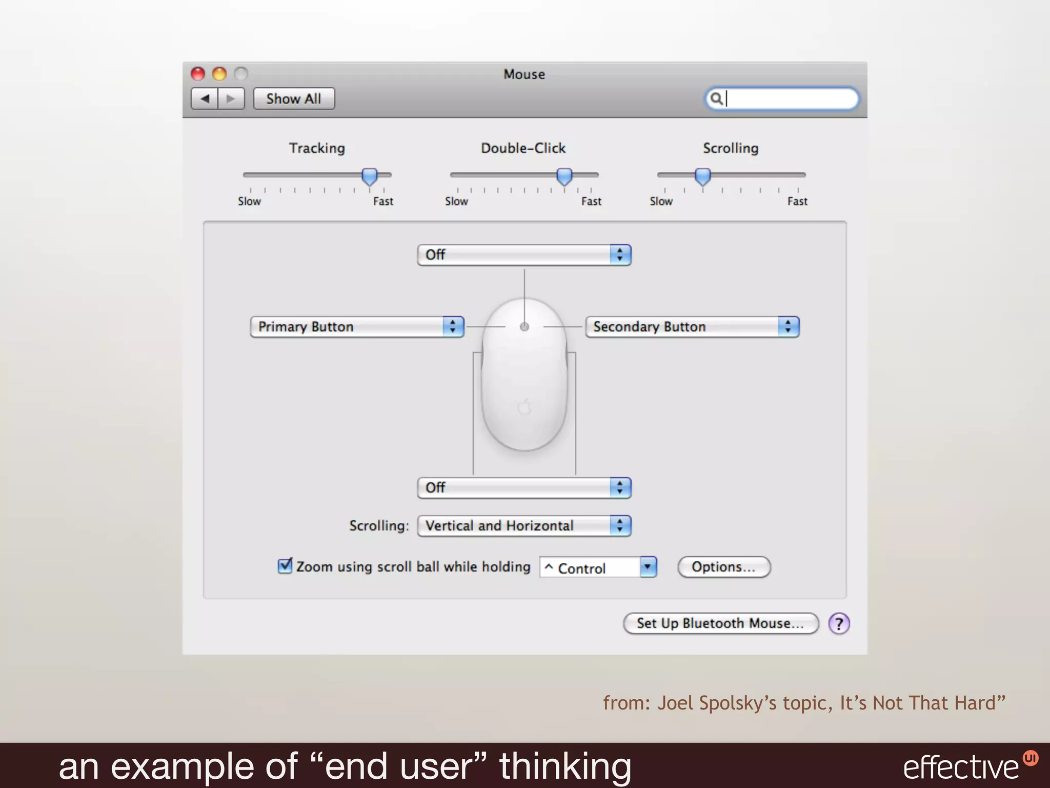 from: Joel Spolsky’s topic, It’s Not That Hard”


an example of “end user” thinking
 
