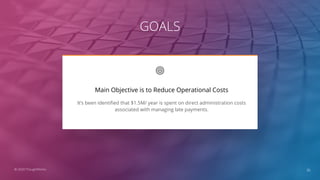 GOALS
36
It’s been identiﬁed that $1.5M/ year is spent on direct administration costs
associated with managing late payments.
Main Objective is to Reduce Operational Costs
© 2020 ThoughtWorks
 