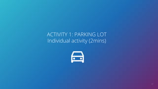 37
ACTIVITY 1: PARKING LOT
Individual activity (2mins)
 