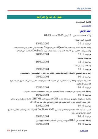 ‫بيثون‬ ‫طريق‬ ‫على‬ ‫خطوة‬
‫ملحق‬C.‫المراجعة‬ ‫تأريخ‬
‫المحتويات‬ ‫قائمة‬
‫الزمني‬ ‫الختم‬
‫الزمني‬ ‫الختم‬
‫في‬ ‫المستند‬ ‫هذا‬ ‫وُلِّد‬13‫يناير‬2005‫الساعة‬04:43
‫المراجعة‬ ‫تاريخ‬
‫مراجعة‬1.2013/01/2005
‫باستخدام‬ ‫شاملة‬ ‫كتابة‬ ‫إعادة‬Quanta‫فيدورا‬ ‫على‬ +3‫التصحيحات‬ ‫من‬ ‫الكثير‬ ‫إلى‬ ‫بالضافة‬
‫بيئة‬ ‫كتابة‬ ‫إعادة‬ .‫الجديدة‬ ‫المثلة‬ ‫من‬ ‫الكثير‬ .‫والتحديثات‬DocBook.‫البداية‬ ‫من‬ ‫الخاصة‬
‫مراجعة‬1.1528/03/2004
‫طفيفة‬ ‫مراجعات‬
‫مراجعة‬1.1216/03/2004
‫وتصحيحات‬ ‫إضافات‬
‫مراجعة‬1.1009/03/2004
.‫والمخلصين‬ ‫المتحمسين‬ ‫القراء‬ ‫من‬ ‫الكثير‬ ‫بفضل‬ ،‫الملئية‬ ‫الخطاء‬ ‫تصحيح‬ ‫من‬ ‫المزيد‬
‫مراجعة‬1.0008/03/2004
‫تصحيح‬ ‫مع‬ ‫المحتوى‬ ‫على‬ ‫كبيرة‬ ‫بمراجعات‬ ‫قمت‬ ،‫القراء‬ ‫من‬ ‫الكثيرة‬ ‫والقتراحات‬ ‫للمردود‬ ‫كنتيجة‬
.‫الملئية‬ ‫للخطاء‬
‫مراجعة‬0.9922/02/2004
.‫للدوال‬ ‫المتغير‬ ‫المعاملت‬ ‫عدد‬ ‫عن‬ ‫تفاصيل‬ ‫إضافة‬ .‫الوحدات‬ ‫عن‬ ‫جديد‬ ‫فصل‬ ‫إضافة‬
‫مراجعة‬0.9816/02/2004
‫طرز‬ ‫صفحات‬ ‫و‬ ‫بيثون‬ ‫مخطوط‬ ‫كتبت‬CSS‫ناتج‬ ‫لتحسين‬XHTML‫بدائي‬ ‫نحوي‬ ‫محلل‬ ‫شامل‬ ،
‫طريقة‬ ‫على‬ ‫البرامج‬ ‫نماذج‬ ‫في‬ ‫للتراكيب‬ ‫بإبراز‬ ‫للقيام‬ -‫يعمل‬ ‫-لكن‬VIM.
‫مراجعة‬0.9713/02/2004
‫بتنسيق‬ ،‫بالكامل‬ ‫كتابتها‬ ‫معاد‬ ‫جديدة‬ ‫مسودة‬DocBook XML‫أصبح‬ ،‫كثيرا‬ ‫الكتاب‬ ‫تحسن‬ .(‫)ثانيا‬
.‫ومقروئية‬ ‫تناسقا‬ ‫أكثر‬
‫مراجعة‬0.9325/01/2004
‫عن‬ ‫الحديث‬ ‫إضافة‬IDLE‫بويندوز‬ ‫الخاصة‬ ‫المسائل‬ ‫من‬ ‫المزيد‬ ‫مع‬
‫مراجعة‬0.9205/01/2004
‫للفهرس‬ ‫عودة‬‫ملحق‬C.‫المراجعة‬ ‫تأريخ‬|138
 
