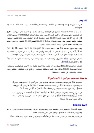 ‫بيثون‬ ‫طريق‬ ‫على‬ ‫خطوة‬
The for loop is over
‫يعمل‬ ‫كيف‬
‫نطبهع‬ ‫البرنامهج‬ ‫ههذا‬ ‫فهي‬‫ا‬‫ه‬‫تتابع‬‫العهداد‬ ‫مهن‬.‫المدمجهة‬ ‫الدالهة‬ ‫باسهتخدام‬ ‫ههذا‬ ‫العهداد‬ ‫تتهابع‬ ‫ولّهدنا‬
range.
‫ثم‬ ‫عددين‬ ‫أعطيناه‬ ‫أننا‬ ‫هنا‬ ‫به‬ ‫قمنا‬ ‫ما‬range‫الول‬ ‫العدد‬ ‫من‬ ‫بداية‬ ‫العداد‬ ‫من‬ ‫تتابعا‬ ‫لنا‬ ‫يعيد‬
‫الخير‬ ‫العدد‬ ‫قبل‬ ‫ما‬ ‫إلى‬ ‫يصل‬ ‫حتى‬ ‫تصاعديا‬ ‫ثم‬.‫المثال‬ ‫سبيل‬ ‫على‬range(1,5(‫التتابع‬ ‫يعطي‬
]1,2,3,4[‫يأخهذ‬ ،‫افتراضهيا‬range‫بقيمهة‬ ‫خطهوة‬1.‫الخطهوة‬ ‫تكهون‬ ‫ا‬‫ه‬‫ثالث‬ ‫عهددا‬ ‫أعطيتهه‬ ‫إذا‬
،‫العدد‬ ‫ذلك‬ ‫بمقدار‬‫المثال‬ ‫سبيل‬ ‫على‬:range(1,5,2(‫تعطي‬]1,3[.‫يمتد‬ ‫المدى‬ ‫أن‬ ‫تذكر‬
‫حتى‬‫قبل‬ ‫ما‬‫الثاني‬ ‫العدد‬-‫إنه‬ ‫أي‬‫ل‬‫الثاني‬ ‫العدد‬ ‫يشمل‬.
‫الحلقة‬ ‫تدور‬ ‫ذلك‬ ‫بعد‬for‫المدى‬ ‫ذلك‬ ‫خلل‬-for i in range(1,5(‫تعادل‬for i in [1,
2, 3, 4[-‫عدد‬ ‫كل‬ ‫إسناد‬ ‫تشبه‬ ‫والتي‬)‫كائن‬ ‫أو‬(‫المتغير‬ ‫إلى‬i‫يتم‬ ‫بعدها‬ ،‫مرة‬ ‫كل‬ ‫في‬ ‫واحدا‬
‫قيمة‬ ‫لكل‬ ‫الفادات‬ ‫لبنة‬ ‫تنفيذ‬i.‫الفادات‬ ‫لبنة‬ ‫في‬ ‫القيمة‬ ‫بطباعة‬ ‫فقط‬ ‫نقوم‬ ‫هذه‬ ‫حالتنا‬ ‫في‬.
‫الجزء‬ ‫أن‬ ‫تذكر‬else‫اختياري‬.‫الحلقة‬ ‫انتهاء‬ ‫بعد‬ ‫واحدة‬ ‫مرة‬ ‫يُنفذ‬ ‫فإنه‬ ،‫يضاف‬ ‫وعندما‬for
‫إفادة‬ ‫قابل‬ ‫إذا‬ ‫إل‬break.
‫الحلقة‬ ‫أن‬ ‫تذكر‬for..in‫تتابع‬ ‫أي‬ ‫مع‬ ‫تعمل‬.‫باستخدام‬ ‫توليدها‬ ‫تم‬ ‫العداد‬ ‫من‬ ‫قائمة‬ ‫لدينا‬ ‫هنا‬
‫المدمجة‬ ‫الدالة‬range‫كائنات‬ ‫لي‬ ‫تتابع‬ ‫أي‬ ‫استخدام‬ ‫يمكننا‬ ‫العموم‬ ‫على‬ ‫ولكن‬ ،.‫هذه‬ ‫وسنشرح‬
‫القادمة‬ ‫الفصول‬ ‫في‬ ‫بالتفصيل‬ ‫الفكرة‬.
‫سي‬ ‫لمبرمجي‬ ‫ملحظة‬/‫سي‬/++‫جافا‬/‫سي‬#
‫الحلقهة‬for‫سهي‬ ‫عهن‬ ‫جهذريا‬ ‫اختلفها‬ ‫تختلهف‬ ‫بيثهون‬ ‫فهي‬/‫سهي‬.++‫سهي‬ ‫مهبرمجو‬#
‫الحلقهة‬ ‫أن‬ ‫سهيلحظون‬for‫لحلقهة‬ ‫مشهابهة‬ ‫بيثهون‬ ‫فهي‬foreach‫سهي‬ ‫فهي‬.#‫مهبرمجو‬
Java‫مع‬ ‫تشابهها‬ ‫أيضا‬ ‫سيلحظون‬for (int i : IntArray(‫جافا‬ ‫في‬1.5.
‫سي‬ ‫في‬/‫سي‬++‫تكتب‬ ‫أن‬ ‫أردت‬ ‫إذا‬ ،for (int i = 0; i < 5; i(++‫تكتب‬ ‫بيثون‬ ‫ففي‬ ،
‫فقط‬for i in range(0,5(.‫بساطة‬ ‫أكثر‬ ‫بيثون‬ ‫في‬ ‫الحلقة‬ ‫كتابة‬ ‫فإن‬ ،‫ترى‬ ‫وكما‬
‫للخطأ‬ ‫وعرضة‬ ‫تعبيرا‬ ‫وأقل‬.
‫الفادة‬break
‫إفادة‬break‫تستخدم‬‫لكسر‬‫لم‬ ‫ولو‬ ‫حتى‬ ‫الحلقة‬ ‫تنفيذ‬ ‫وقف‬ :‫أخرى‬ ‫بعبارة‬ ،‫التكرارية‬ ‫الحلقة‬
‫الحلقة‬ ‫شرط‬ ‫يصبح‬‫خاطئا‬.‫كله‬ ‫العناصر‬ ‫تتابع‬ ‫على‬ ‫تمر‬ ‫لم‬ ‫أو‬
‫أن‬ ‫ملحظة‬ ‫المهم‬ ‫من‬‫كسر‬‫حلقة‬for‫أو‬while‫إلى‬ ‫سيؤدي‬‫عدم‬‫إفادات‬ ‫لبنة‬ ‫تنفيذ‬else.
‫للفهرس‬ ‫عودة‬‫الفادة‬break|46
 
