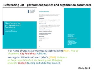 Full Name of Organisation/Company (Abbreviation) (Year). Title of
document. City Published: Publisher.
Nursing and Midwifery Council (NMC). (2009). Guidance
on Professional Conduct: For Nursing and Midwifery
Students. London: Nursing and Midwifery Council.
Referencing List – government policies and organisation documents
©Loke 2014
 