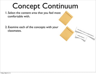 Concept Continuum
1. Select the content area that you feel most
comfortable with.
2. Examine each of the concepts with your
classmates.
3. Place each concept somewhere along the
continuum either on or between concrete/
abstract .
healthy behaviors
the inﬂuence culture on healthy behaviors
Friday, March 6, 15
 