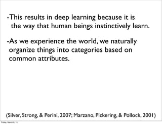 -This results in deep learning because it is
the way that human beings instinctively learn.
(Silver, Strong, & Perini, 2007; Marzano, Pickering, & Pollock, 2001)
-As we experience the world, we naturally
organize things into categories based on
common attributes.
-Identifying similarities and differences and
differences and generating/testing hypotheses
result in signiﬁcant gains in student learning.
Friday, March 6, 15
 