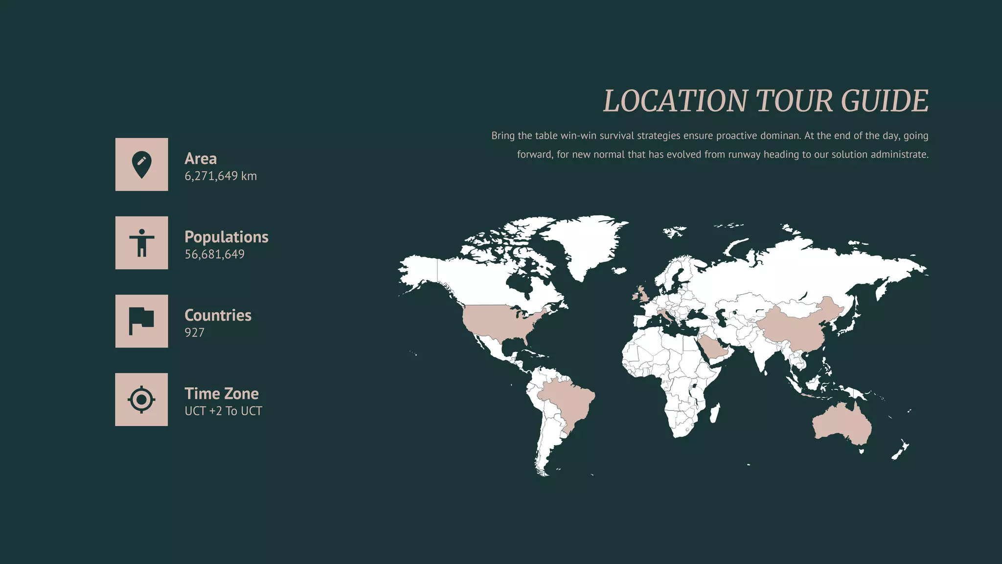 Time Zone
UCT +2 To UCT
Countries
927
Populations
56,681,649
Area
6,271,649 km
Bring the table win-win survival strategies ensure proactive dominan. At the end of the day, going
forward, for new normal that has evolved from runway heading to our solution administrate.
 