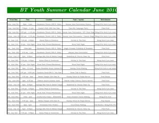 BT Youth Summer Calendar June 2010
  Event Date             Time                         Location                           Topic / Agenda                         Refreshments

Mon. June 7th         8pm - 11pm         Macedonia Church 1825 S. Delno         Annual June Convocation Musical         Bring $ for food if you want

Tues. June 8th      7:30pm - 11 pm          Austin's Grill 1820 Van Ness            Tate Hill Campaign Party                     Free Food

Wed. June 9th      8:00 pm - 11:00 pm    Macedonia Church 1825 S. Delno Annual June Convocation / BT Choir Sings Bring $ for food if you want

Thurs. June 10th8:00 pm - 11:00 pm       Macedonia Church 1825 S. Delno Annual June Convocation / District Sings Bring $ for food if you want

Fri. June 11th     7:30 pm - 9:30pm           Eaton Plaza in Downtow                   Movies In The Park                  Bring food if you want

Fri. June 11th     10 pm - Mid Night      River Park (Friant/Blackstone)                River Park Night                Bring $ for food if you want

Sat.. June 12th        10am-2pm          Macedonia Church 1825 S. Delno       Single Womens Workshop & Breakfast                 Free Food

Sun. June 13th      9:30 am - 2 pm       Macedonia Church 1825 S. Delno            Annual June Convocation              Bring $ for food if you want

Thurs. June 17th     6pm - 9:00pm       Frankage Ball Park & Bethel Temple       Basketball & Church Clean Up                    Free Food

Fri. June 18th     7:30 pm - 9:30pm          Eaton Plaza in Downtown                   Movies In The Park                  Bring food if you want

Fri. June 18th     10 pm - Mid Night      River Park (Friant/Blackstone)                River Park Night                Bring $ for food if you want

Sat. June 19th       9am - 12 noon      Fresno Breakfast House (Ashlan/First)         Sewing Circle Meeting             Bring $ for food or eat ahead

Sat. June 19th    2:00 pm - 5:000 pm     Candice's House 835 N. Van Ness              Sister Talk & Beauty                       Free Food

Sun. June 20th       9:30 am - 2pm         Bethel Temple 1224 Kern St.           Sunday School & Praise Service                 Free Snacks

Sun. June 20th       3pm - 5:30 pm         District church location varies    Central Valley District Church Service             Free Food

Thurs. June 24th     6pm - 9:00pm       Frankage Ball Park & Bethel Temple       Basketball & Church Clean Up                    Free Food

Fri. June 25th     7:30 pm - 9:30pm          Eaton Plaza in Downtown                   Movies In The Park                  Bring food if you want

Fri. June 25th     10 pm - Mid Night      River Park (Friant/Blackstone)                River Park Night                Bring $ for food if you want

Sat. June 26th        10am - 3pm          rotates from Fresno - Bakersfield      State Women's Union Meeting                  Bring $ for food

Sun. June 27th       9:30 am - 2pm         Bethel Temple 1224 Kern St.           Sunday School & Praise Service                 Free Snacks

Sun. June 27th        3pm - 5pm              Woodward Park (Friant)                    Duck/Swan Feeding               Free Snacks / Bring $ for Food

Thurs. July 1st      6pm - 9:00pm       Frankage Ball Park & Bethel Temple       Basketball & Church Clean Up                    Free Food

Fri. July 2nd      7:30 pm - 9:30pm          Eaton Plaza in Downtown                   Movies In The Park                  Bring food if you want
 