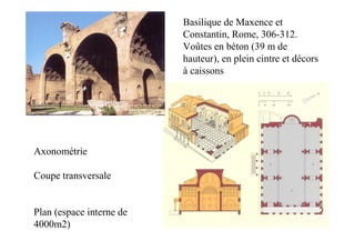Basilique de Maxence et
                          Constantin, Rome, 306-312.
                          Voûtes en béton (39 m de
                          hauteur), en plein cintre et décors
                          à caissons




Axonométrie

Coupe transversale


Plan (espace interne de
4000m2)
 