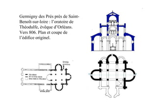 Germigny des Prés près de Saint-
Benoît-sur-loire : l’oratoire de
Théodulfe, évêque d’Orléans.
Vers 806. Plan et coupe de
l’édifice originel.
 