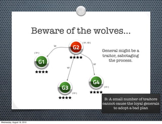 Beware of the wolves…
                                                            { V1, V2 }
                                       V2
                                                   G2                          General might be a
                             { V1 }
                                                                               traitor, sabotaging
                                  G1                                     V2'
                                                                                  the process.
                                             V2'




                                                                         G4
                                            G3                                  { V1 }


                                                   { V1 }


                                                                                B: A small number of traitors
                                                                               cannot cause the loyal generals
                                                                                     to adopt a bad plan


Wednesday, August 18, 2010
 