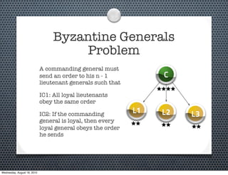 Byzantine Generals
                                      Problem
                             A commanding general must
                             send an order to his n - 1           C
                             lieutenant generals such that

                             IC1: All loyal lieutenants
                             obey the same order

                             IC2: If the commanding          L1   L2   L3
                             general is loyal, then every
                             loyal general obeys the order
                             he sends




Wednesday, August 18, 2010
 
