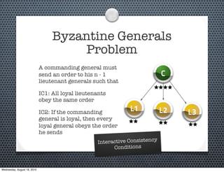 Byzantine Generals
                                      Problem
                             A commanding general must
                             send an order to his n - 1                      C
                             lieutenant generals such that

                             IC1: All loyal lieutenants
                             obey the same order

                             IC2: If the commanding            L1            L2   L3
                             general is loyal, then every
                             loyal general obeys the order
                             he sends
                                                                         y
                                                   Interactive Consistenc
                                                         Conditions



Wednesday, August 18, 2010
 