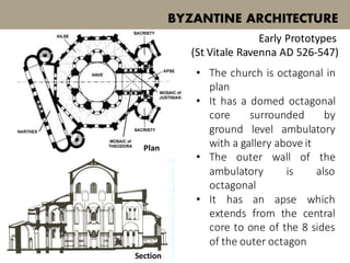 • The church is octagonal in
plan
• It has a domed octagonal
core surrounded by
ground level ambulatory
with a gallery above it
• The outer wall of the
ambulatory is also
octagonal
• It has an apse which
extends from the central
core to one of the 8 sides
of the outer octagon
BYZANTINE ARCHITECTURE
Early Prototypes
(St Vitale Ravenna AD 526-547)
Plan
Section
 