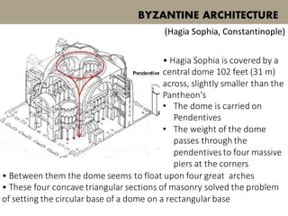 • Hagia Sophia is covered by a
central dome 102 feet (31 m)
across, slightly smaller than the
Pantheon's
(Hagia Sophia, Constantinople)
• The dome is carried on
Pendentives
• The weight of the dome
passes through the
pendentivesto four massive
piers at the corners
• Between them the dome seems to float upon four great arches
• These four concave triangular sections of masonry solved the problem
of setting the circular base of a dome on a rectangular base
BYZANTINE ARCHITECTURE
 