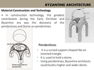 BYZANTINE ARCHITECTURE
Material Construction and Technology
• In construction technology, the greatest
contribution during the Early Christian and
Byzantine era was the discovery of the
pendentivesand Dome on pendentives
Pendentives
• It is a curved support shaped like an
inverted triangle.
• It is used to hold a dome.
• Using pendentives, Byzantine architects
could build a higher and wider dome.
 