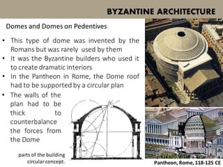 • This type of dome was invented by the
Romans but was rarely used by them
• It was the Byzantine builders who used it
to create dramatic interiors
• In the Pantheon in Rome, the Dome roof
had to be supported by a circular plan
BYZANTINE ARCHITECTURE
Domes and Domes on Pedentives
Pantheon, Rome, 118-125 CE
• The walls of the
plan had to be
thick to
counterbalance
the forces from
the Dome
parts of the building
circular concept.
 